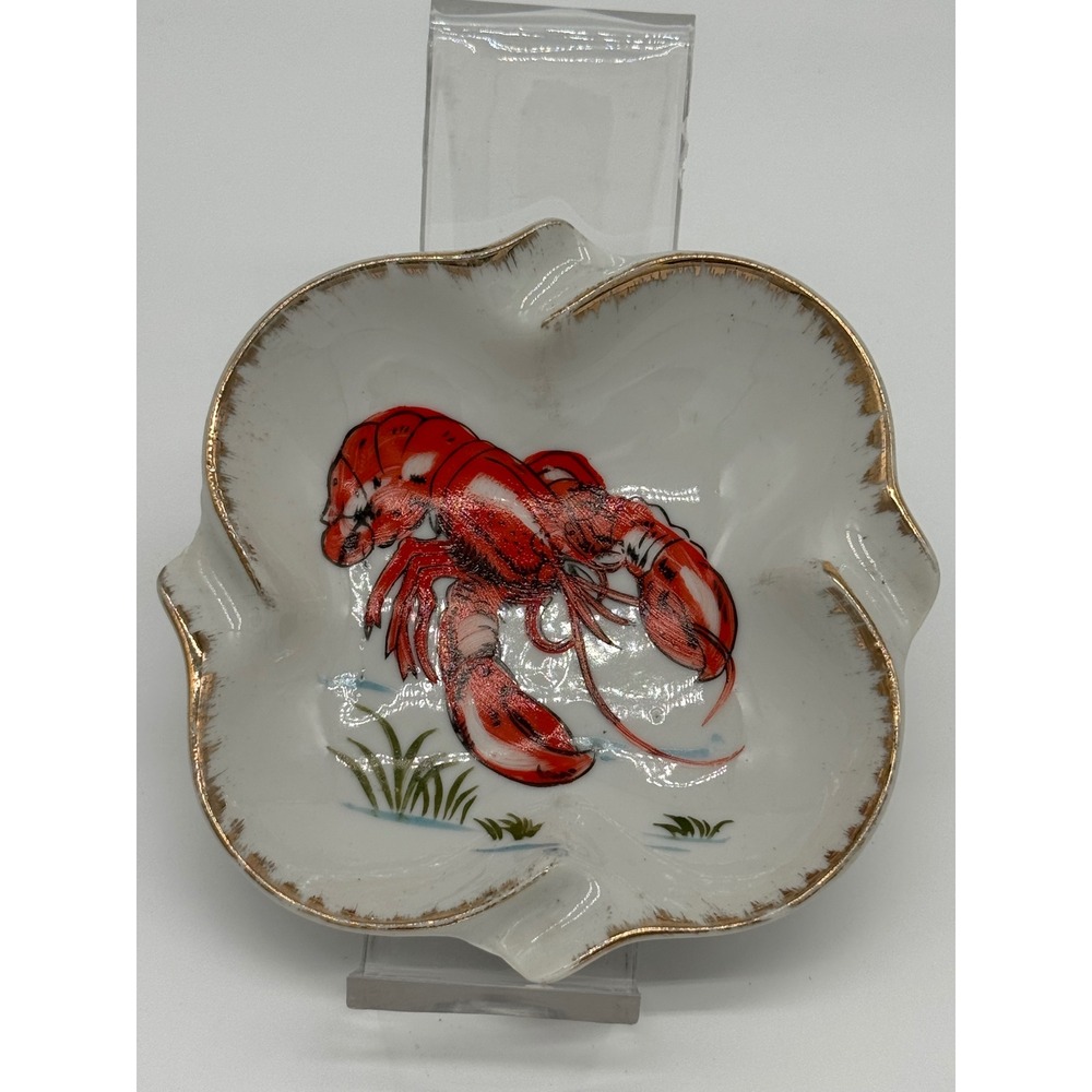 Vintage Japan Ceramic Lobster Trinket Dish Jewelry Catchall Gold Rim 5"